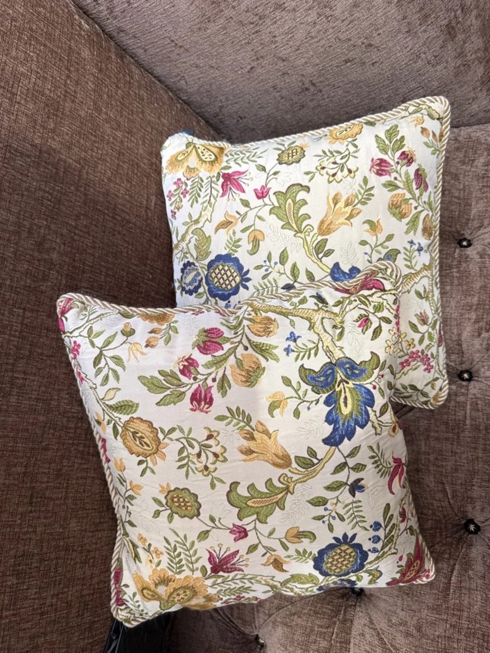 Newport Floral Embroidered Accent Pillows in Blue, Green, Gold, Pink on Cream
